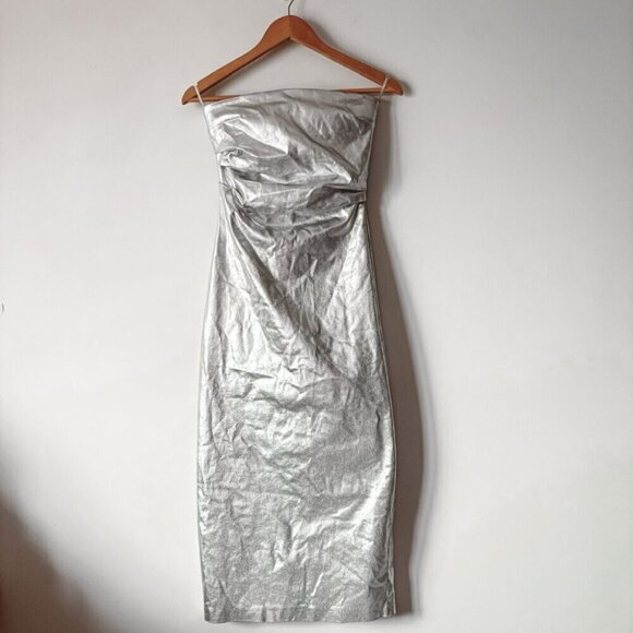 Zara Strapless Fitted Midi Dress Silver Metallic Size XS - Picture 7 of 12